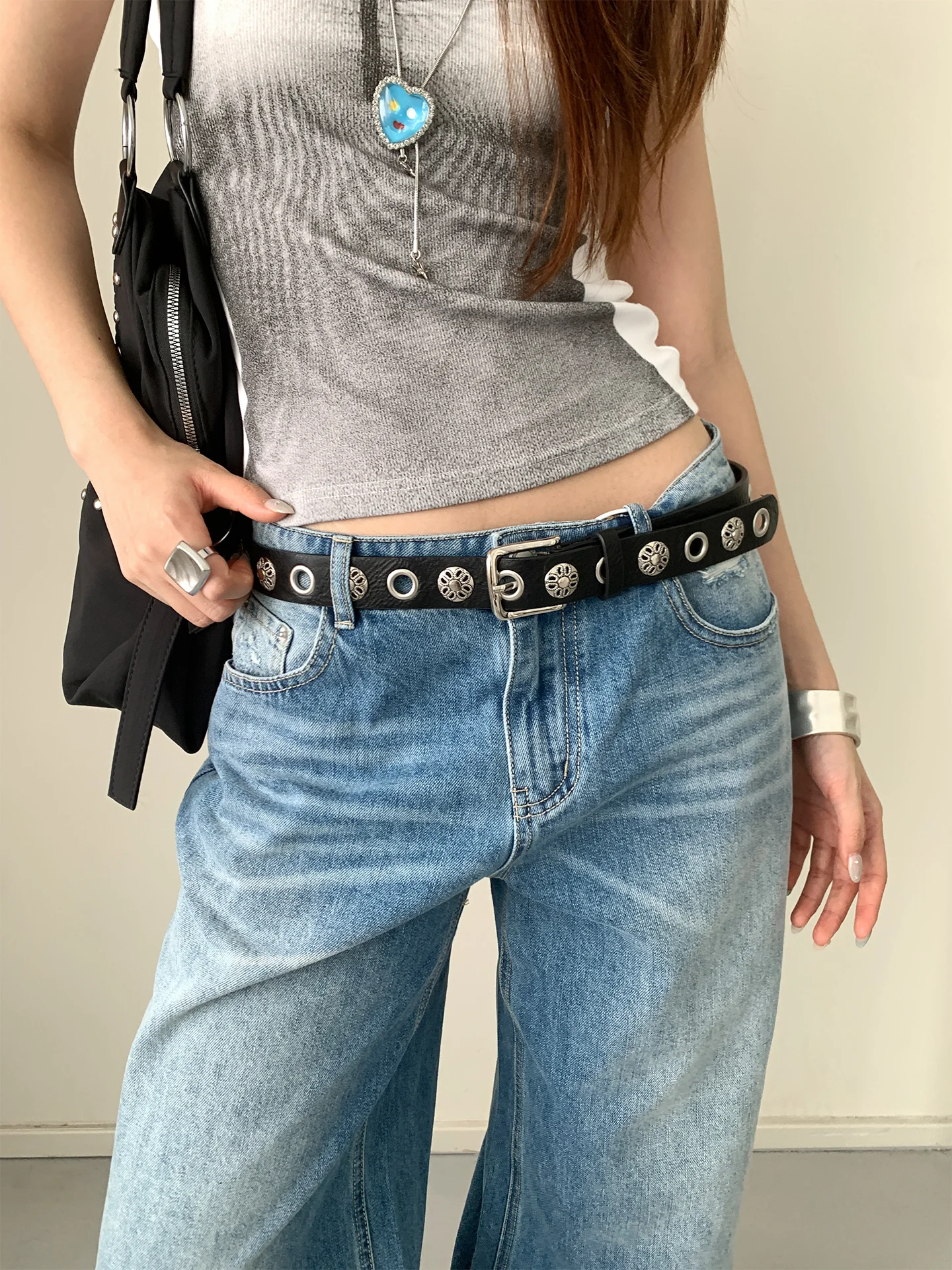 Vintage Design Studded Belt Women's New Niche American Style Thin Leather Belt