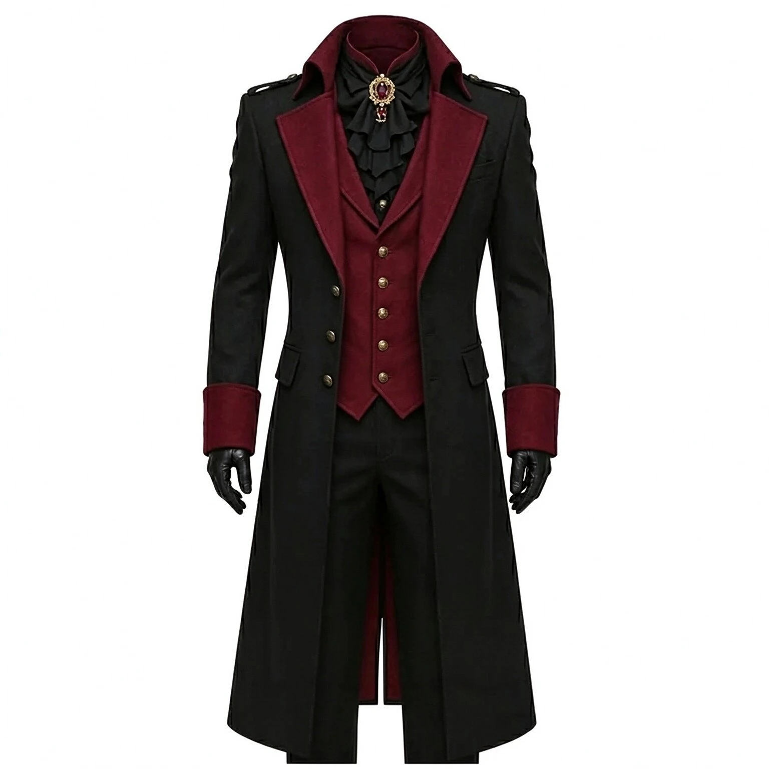 Men Gothic 3 Pieces Suits Long Tailcoat Waistcoat Trousers Black And Burgundy Lapel Cuff Formal Halloween Cosplay Customized