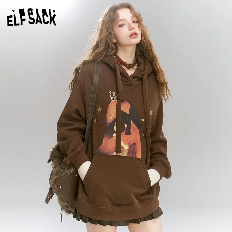 

ELFSACK 2024 Winter New Arrivals Maillard Cartoon Printed Velvet Hoodie for Women, Loose Casual Top