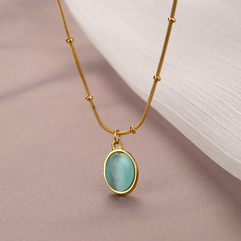 French Vintage Opal Oval Pendant Necklace For Women Light Luxury Titanium Steel Colorless Collar Chain Jewelry