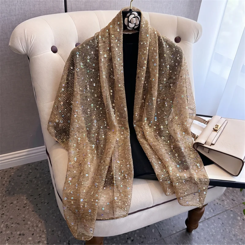 Luxury Glitter Sequin Sheer Hijab Scarf Women Muslim Long Headscarf Lightweight Mesh Fabric Shawl For Wedding Outfit