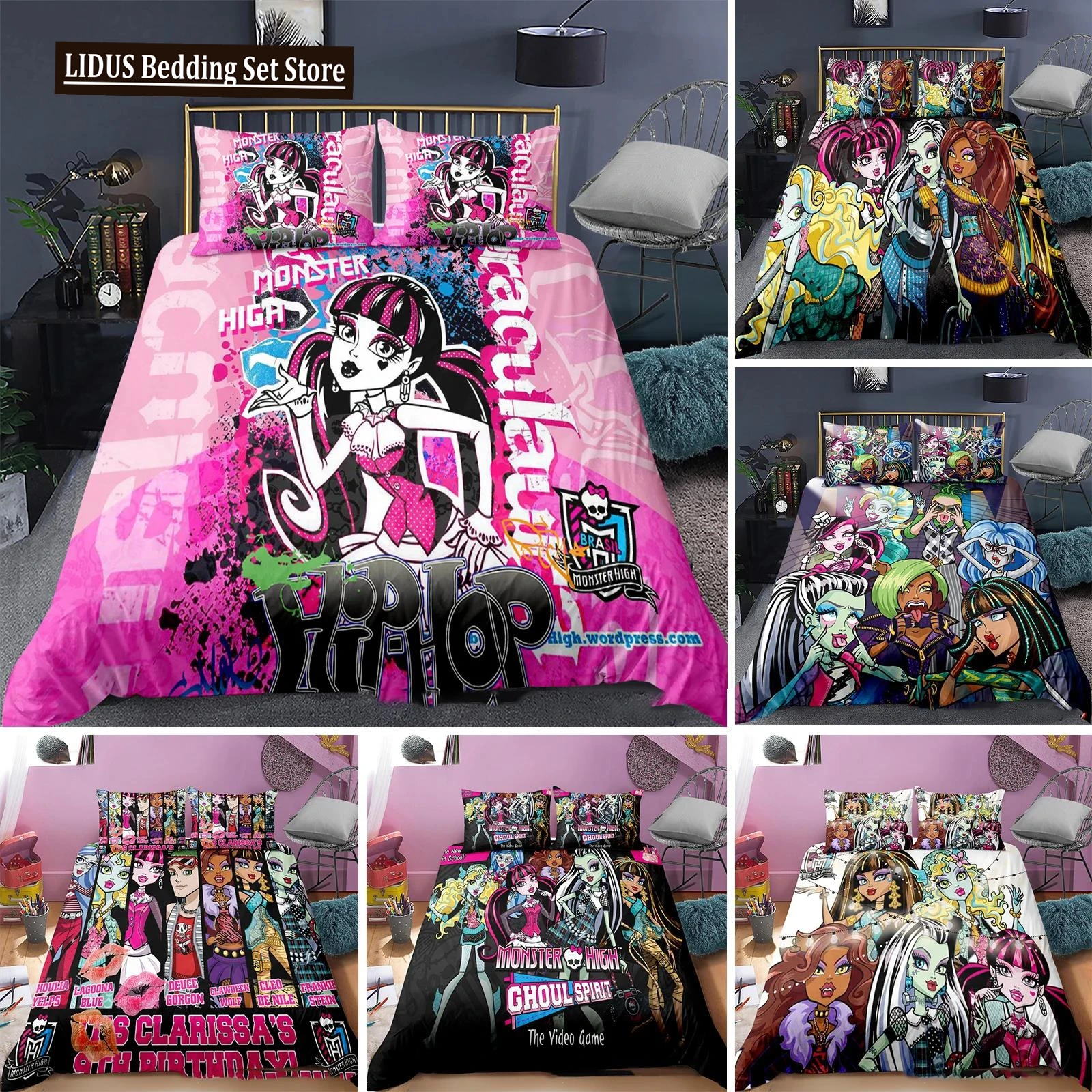 

3D Printed Monster High Bedding Set Duvet Cover Bedroom Comforter Covers Single Twin King ​Size Quilt Cover Home Textile 2/3PCS