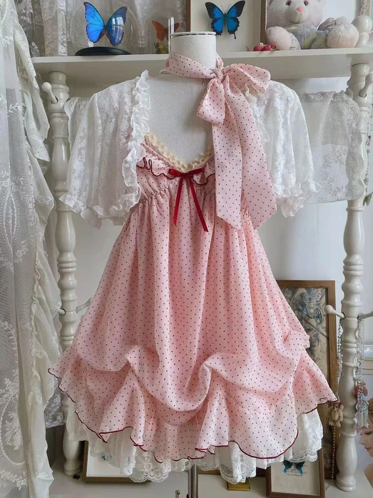 Japanese Fashion Sweet Cute 2 Piece Set Women Mini Lace Tops + Polka Dot Dress New Fit Chic Kawaii Fluffy Retro Suit Summer 2026 view 4
