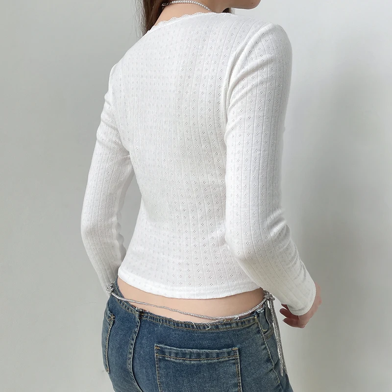 SUCHCUTE Korean Sweet Basic Top Women Lace Trim U Neck Hollow Eyelet Ribbed Knit Long Sleeve Slim Cropped Going Out Blouse Chic