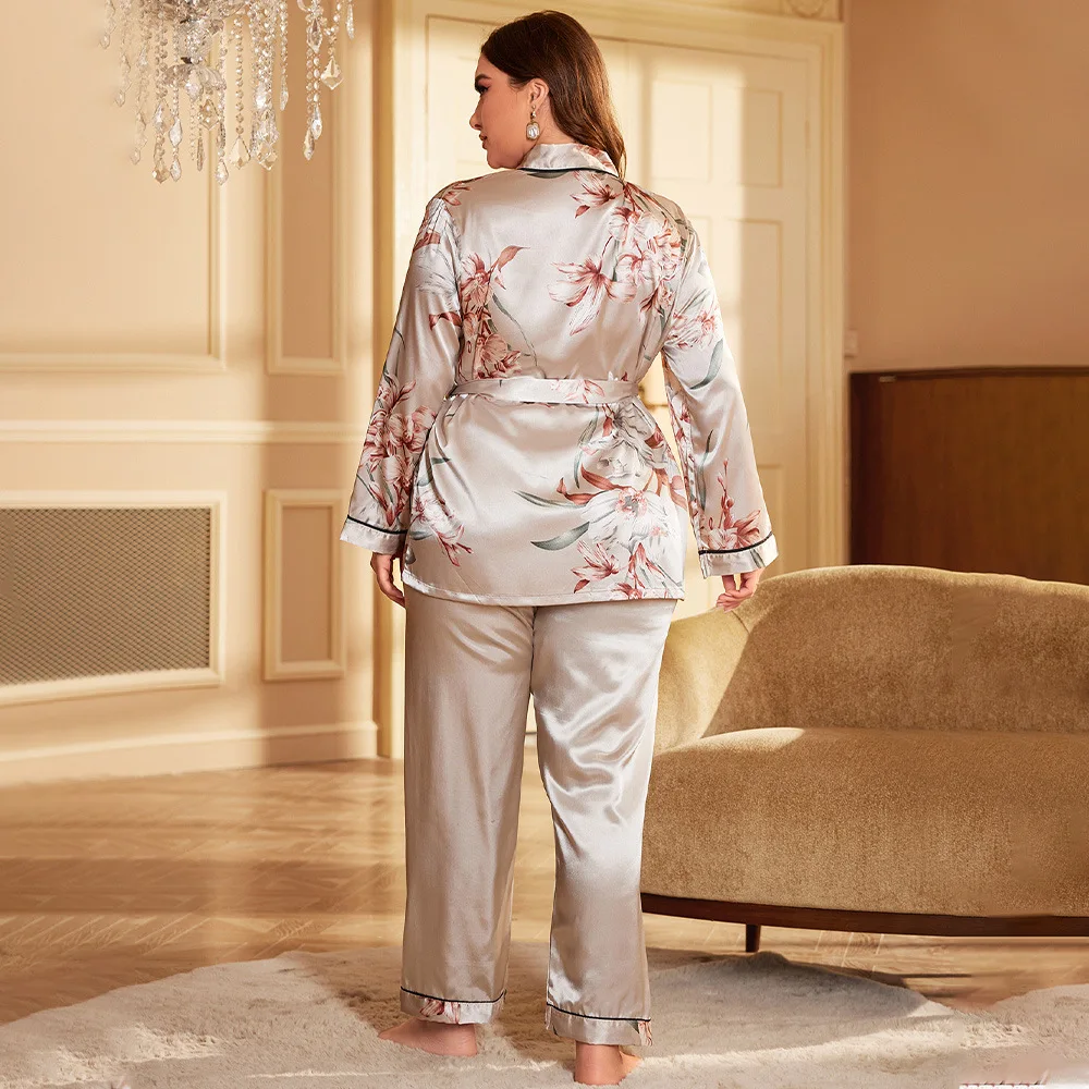 Fashion Printed Lace Up Plus Size Pajamas for Women Ice Silk Long Sleepwear Set Sexy Home Wear Casual Imitation Silk Nightgowns