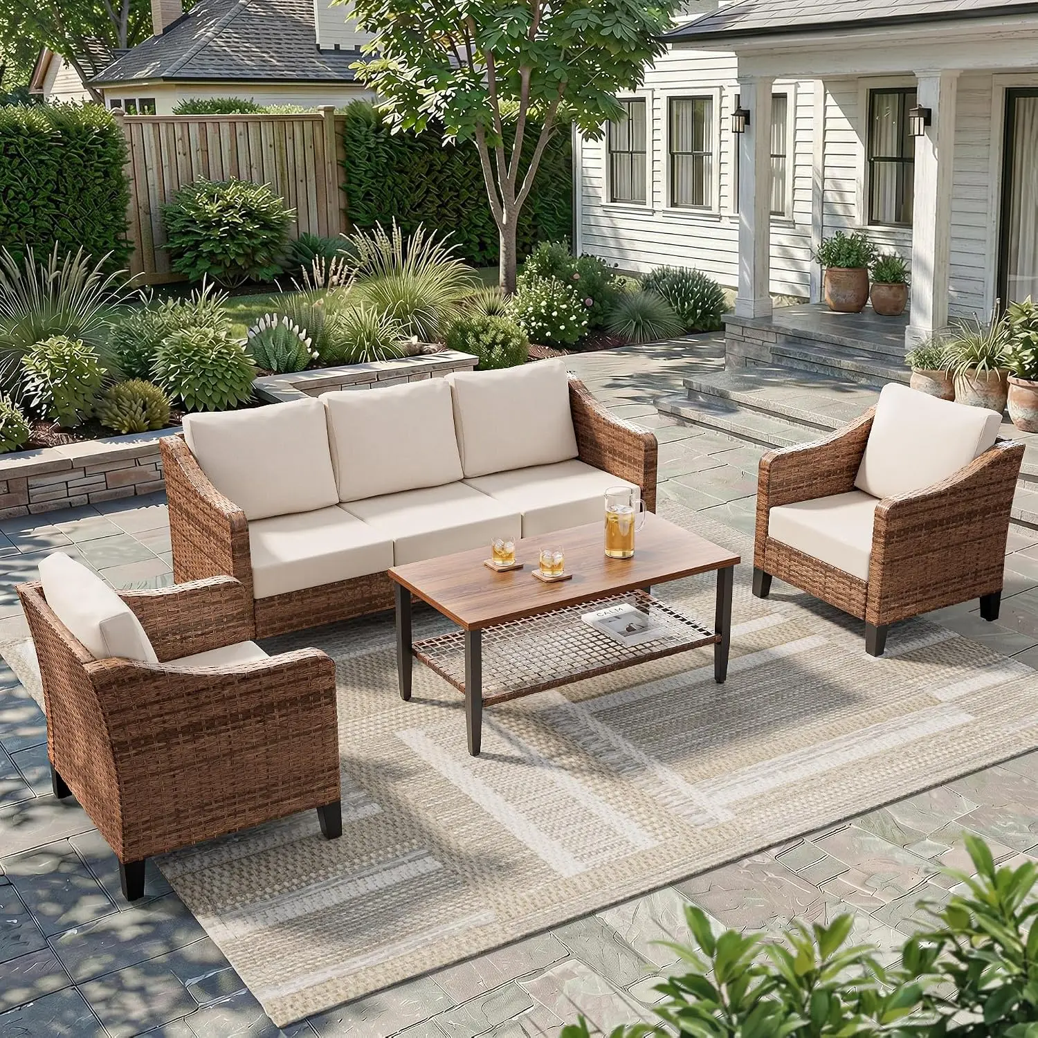 4-Piece Patio Sectional Set, Outdoor Wicker Sofa & 2-Tier Coffee Table, Modular Furniture for Backyard Garden, Customized