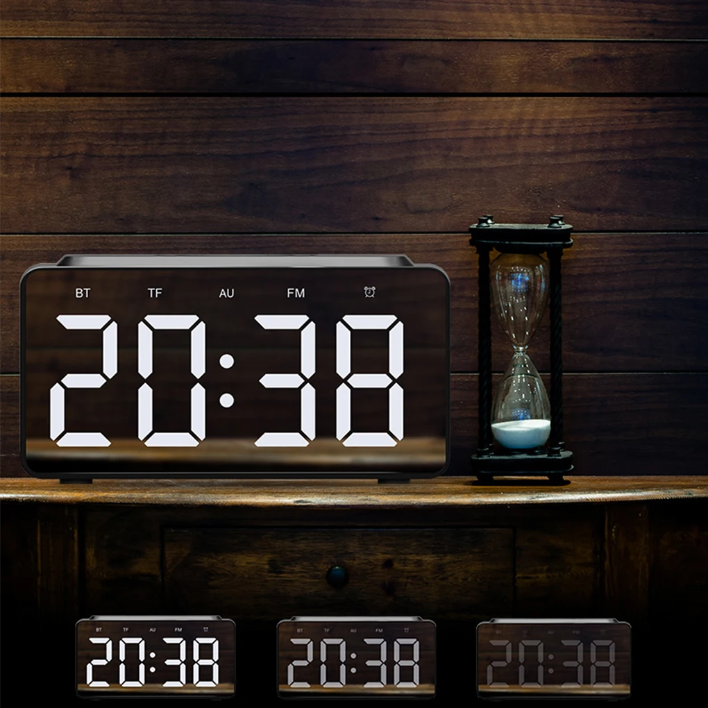 

Цифровой будильник с беспроводной зарядкой, Bluetooth-колонка, зеркальный декор для спальни, офиса, настольный экран, температура, FM-радио