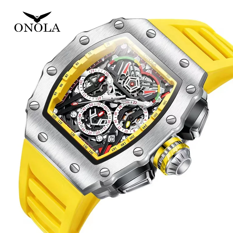 Dropshippng Quartz Men Watches Brand ONOLA Tonneau Stainless Steel Shell Sport Wristwatches Fashion Silicone Type Mille Clock F1