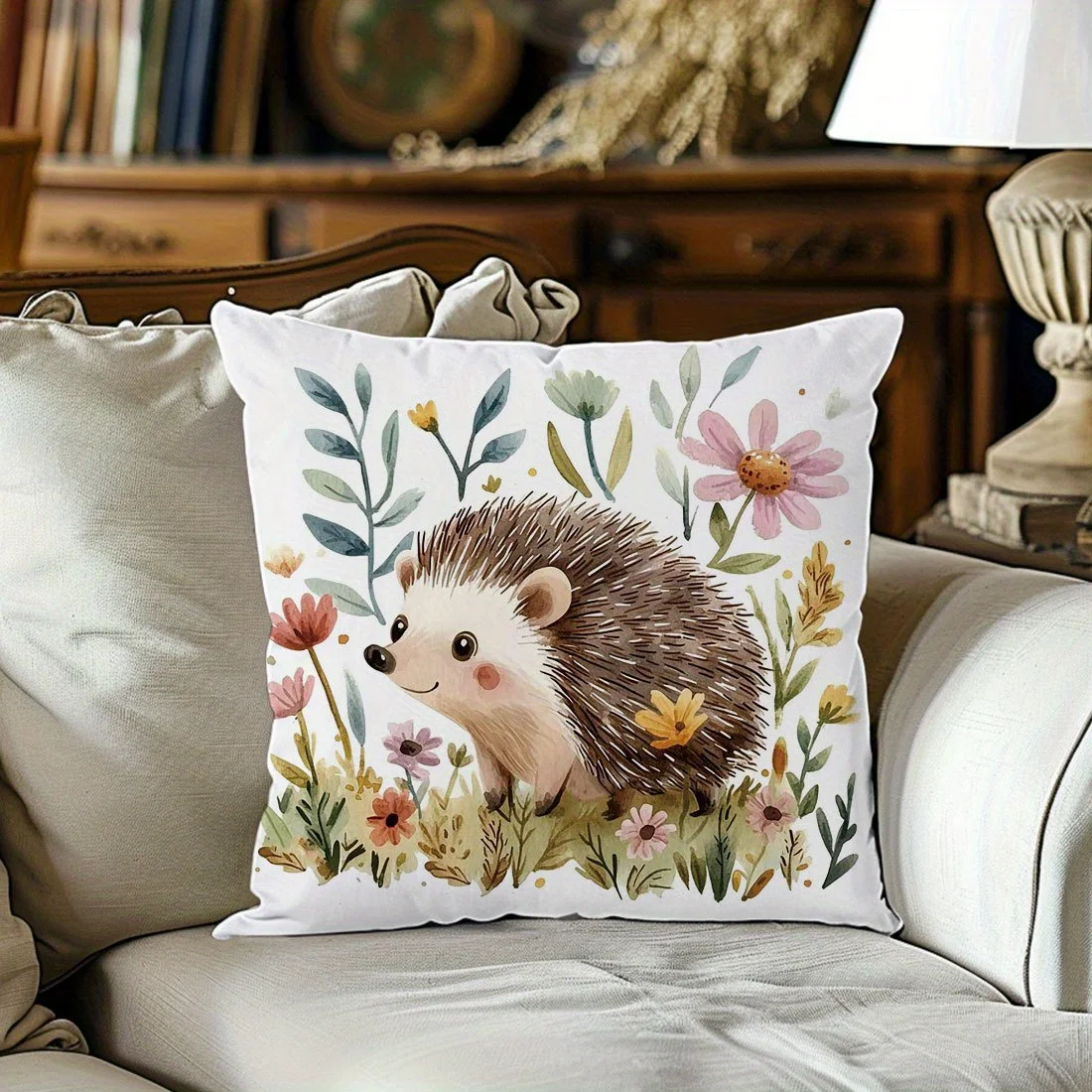 1pc Watercolor Hedgehog Floral Printed Throw Pillow Cover,Suitable for Sofa,Bedroom,Living Room,A Fresh Gift for Animal Lovers