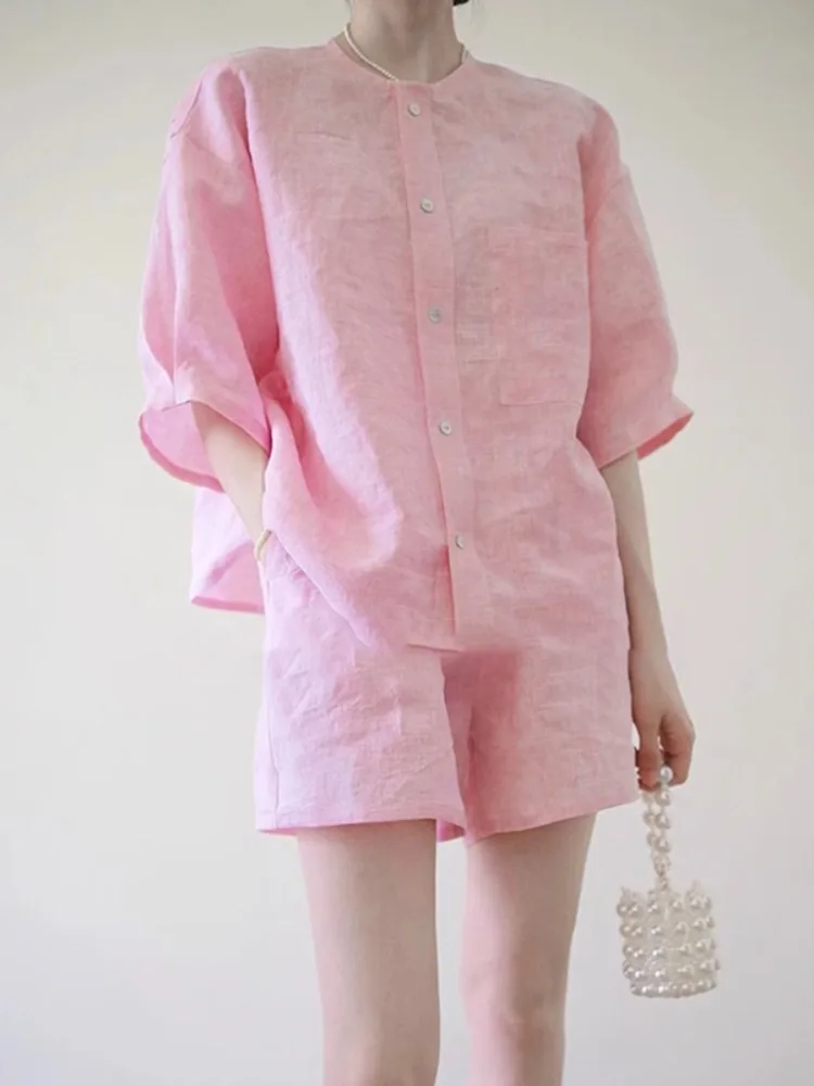 

Лето 2024, женский повседневный комплект из тонкого льна и широких брюк с высокой талией, свободный крой, круглый Ne