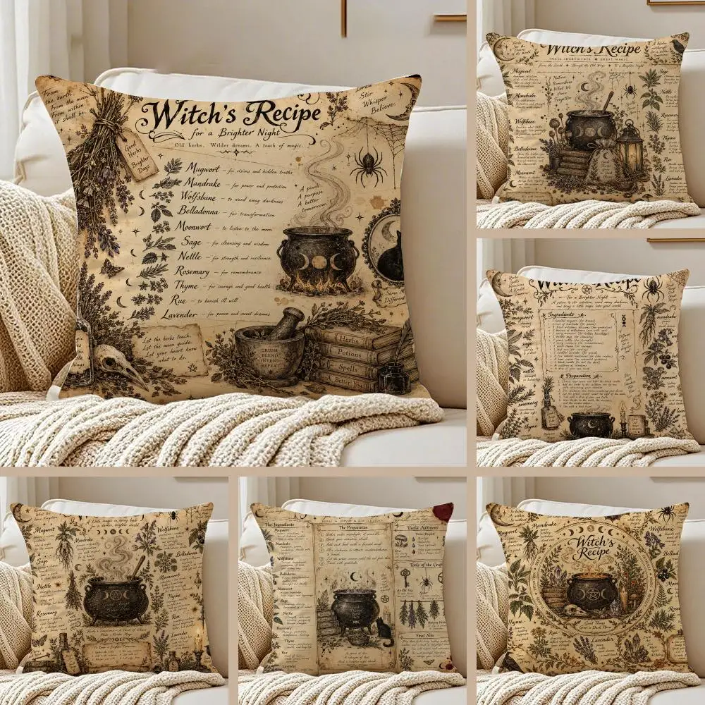 Hallowee Witch's Recipe Cushion Cover Pillowcase Anti-dustmite Invisible Zipper Short Plush Sofa Cushion