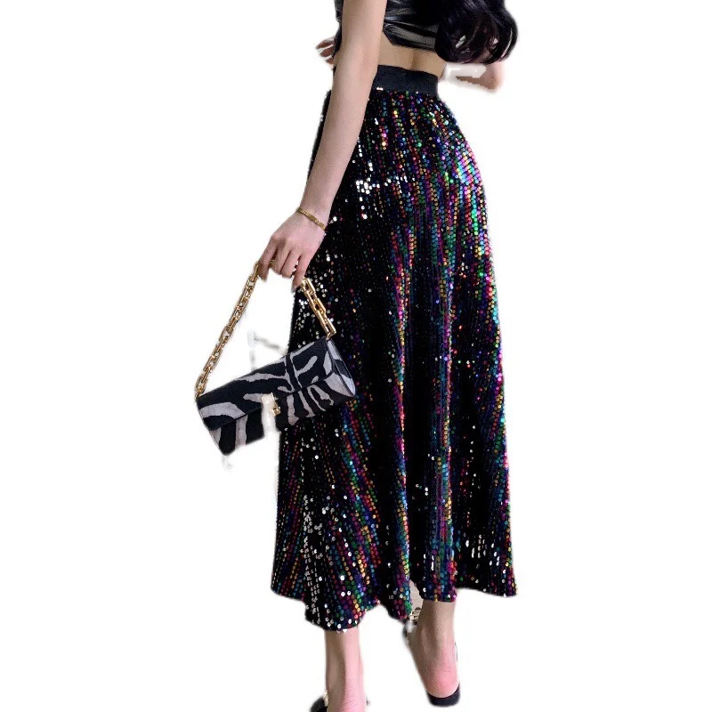 Spring Fall Loose Korean Clothes Glitter Skirts Chic Female Sexy High Waist Beading Sequins Women Midi Expansion Skirt 2023 2187