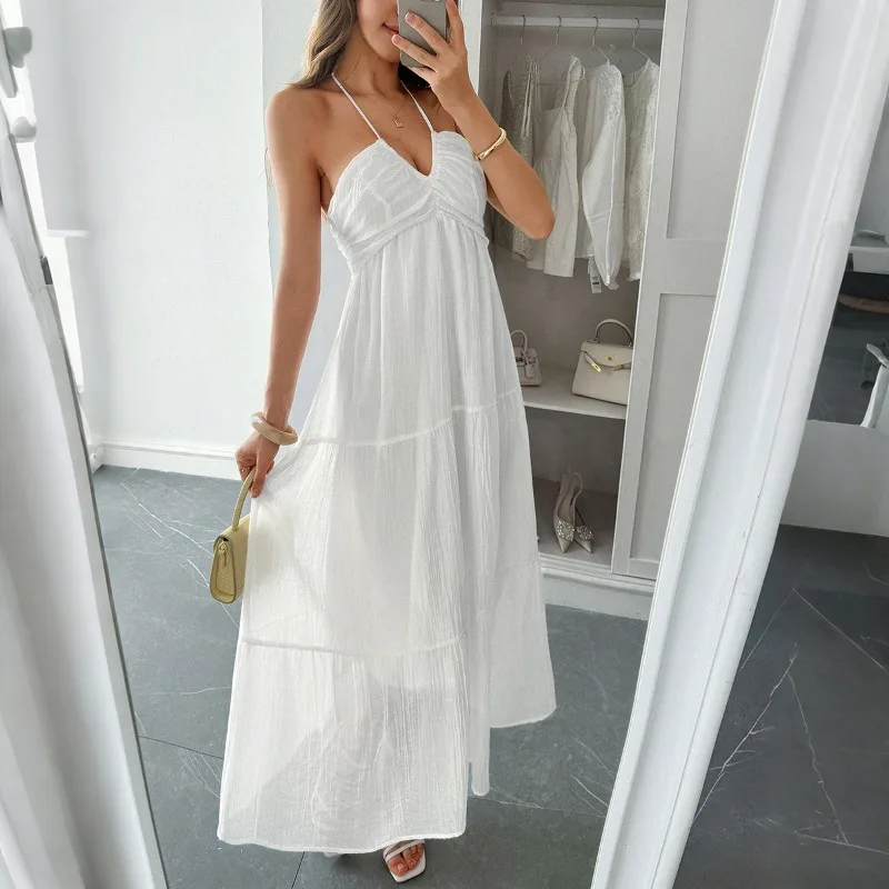 Vestido semitransparente con cuello halter para vacaciones de verano 2025, vestido largo de playa bohemio de Lyocell sin arrugas con abertura lateral