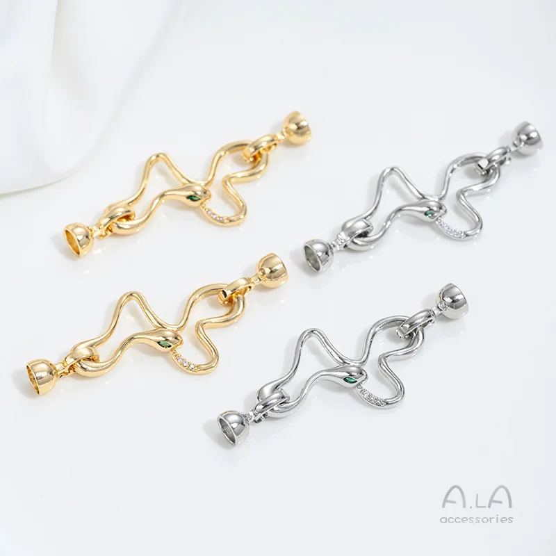 14K Gold Connecting Buckle Accessories With Green-eyed Zircon Lines Serpentine Pearl Buckle DIY Beaded Crystal Necklace Jewelry