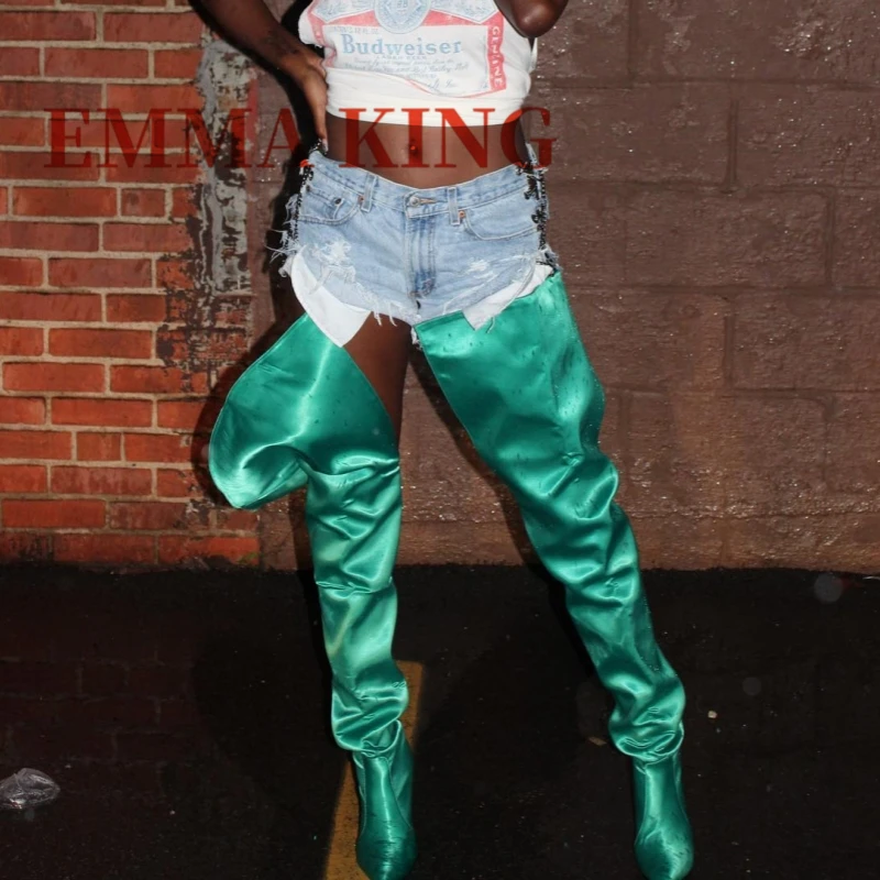 الخريف النساء الفخذ أحذية عالية الساتان الجلود الإفراط في الركبة التمهيد مثير أشار تو سحب على الشارع نمط أحذية نسائية حجم كبير 44 #4