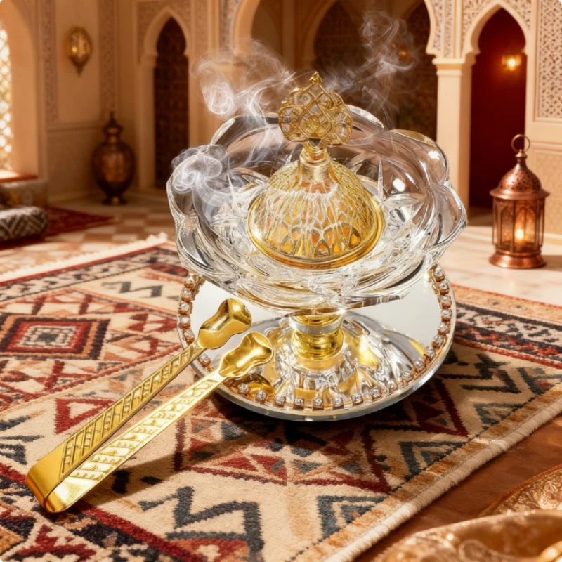 Arabian Crystal Flower Charcoal Incense Burner Rotating Bakhoor Holder with Clip Luxury Arabic Home Decor Scented Gift Set