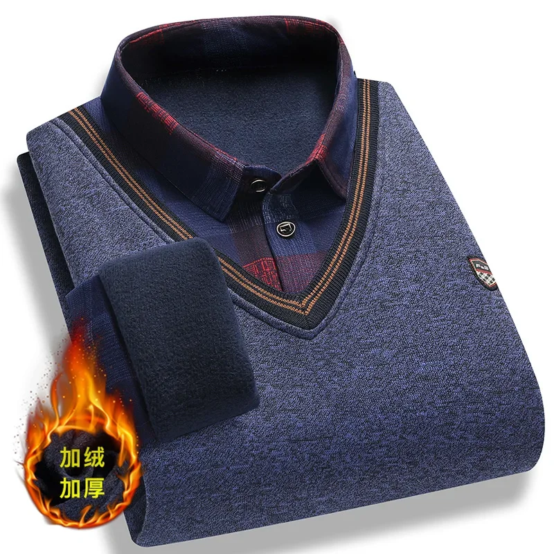 Comfort Stretch Knitted Top Male Fake Two Piece Shirt Collar Thick Fleece Lining Plaid Long Sleeve Daily Casual Outfit