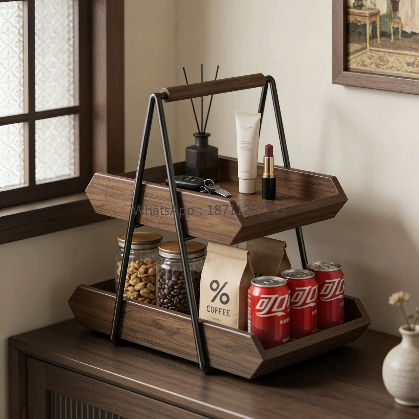 Solid Wood Double Tier Desktop Rack with Unique Design, Household Coffee Machine Snack Storage Holder for Dining Table