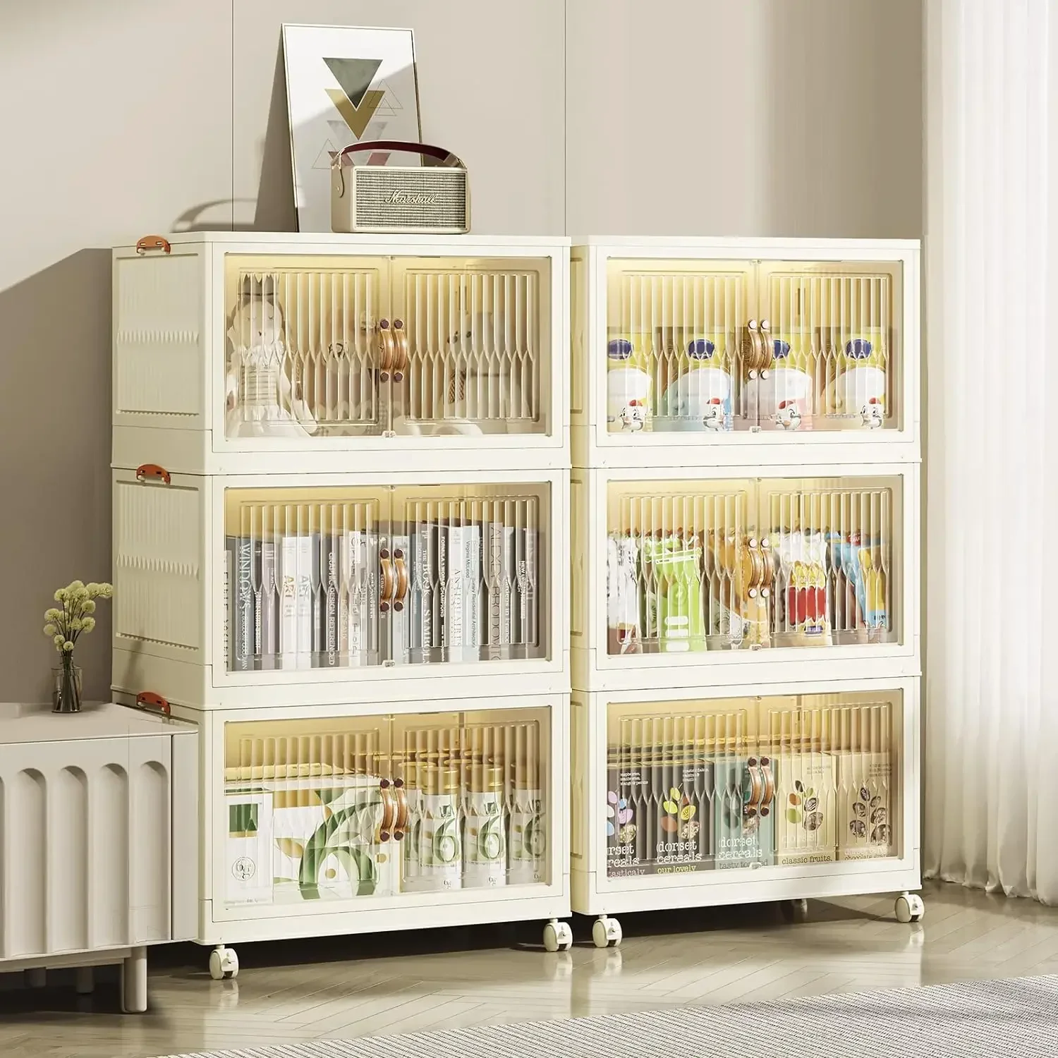 pupustar Storage Bins with Lids and Doors, Plastic Stackable   Open Front, Foldable  Boxes for Organizing,