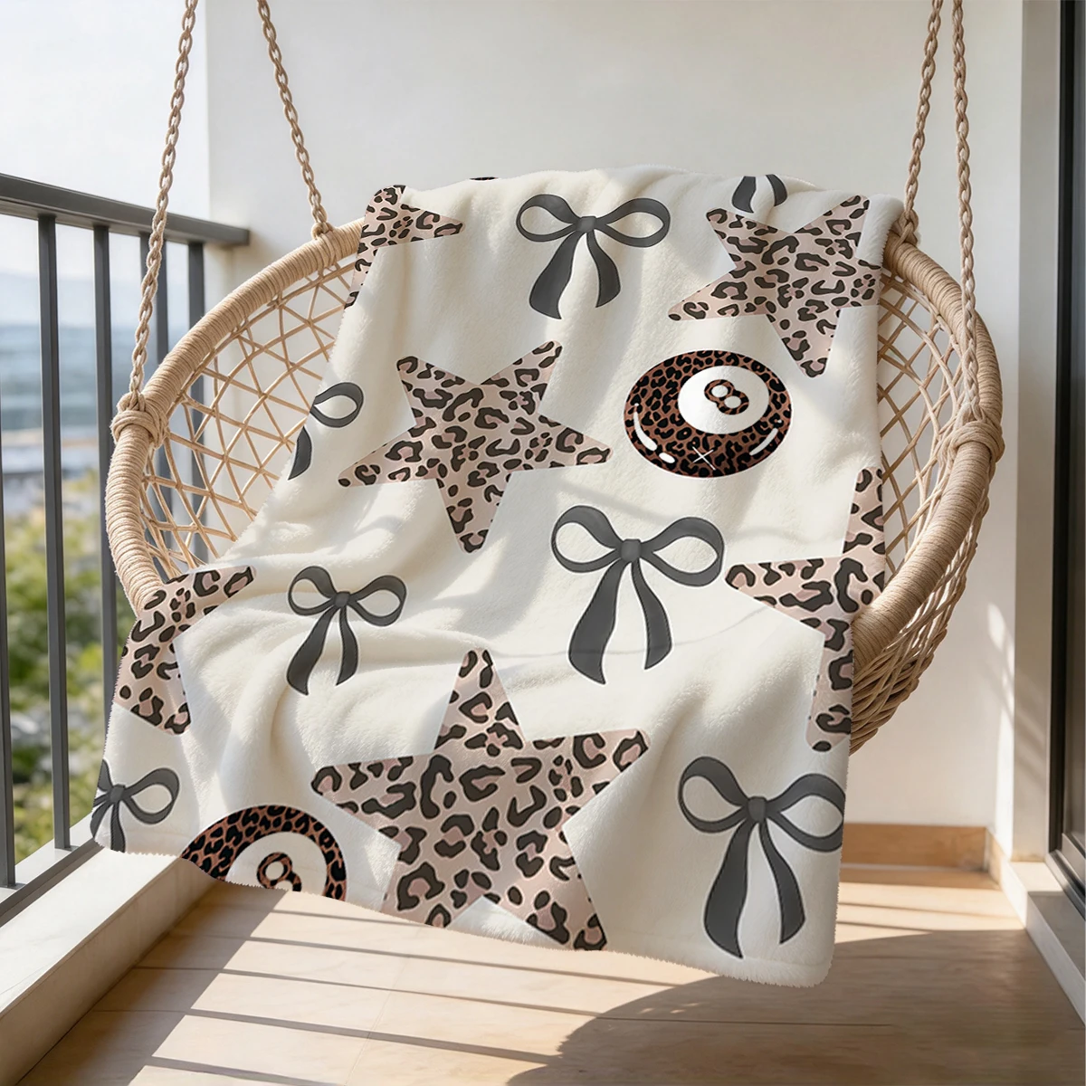 Leopard Stars Bows 8 Ball Flannel Blanket Warm Soft Halloween Christmas Couch Warm Cozy Decorative Decor Gift for All Season