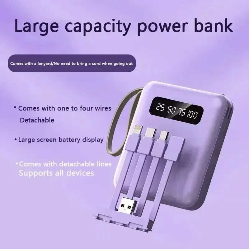 Mini Power Bank 20000mAh With 4 Cable Mobile Phone External Battery Charger for iPhone Samsung Huawei Xiaomi NEW