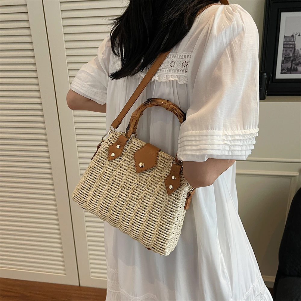 

Rattan Woven Design Shoulder Crossbody Shell Bag Designer Handbags Luxury Summer Beach Straw Handle Bags for Women
