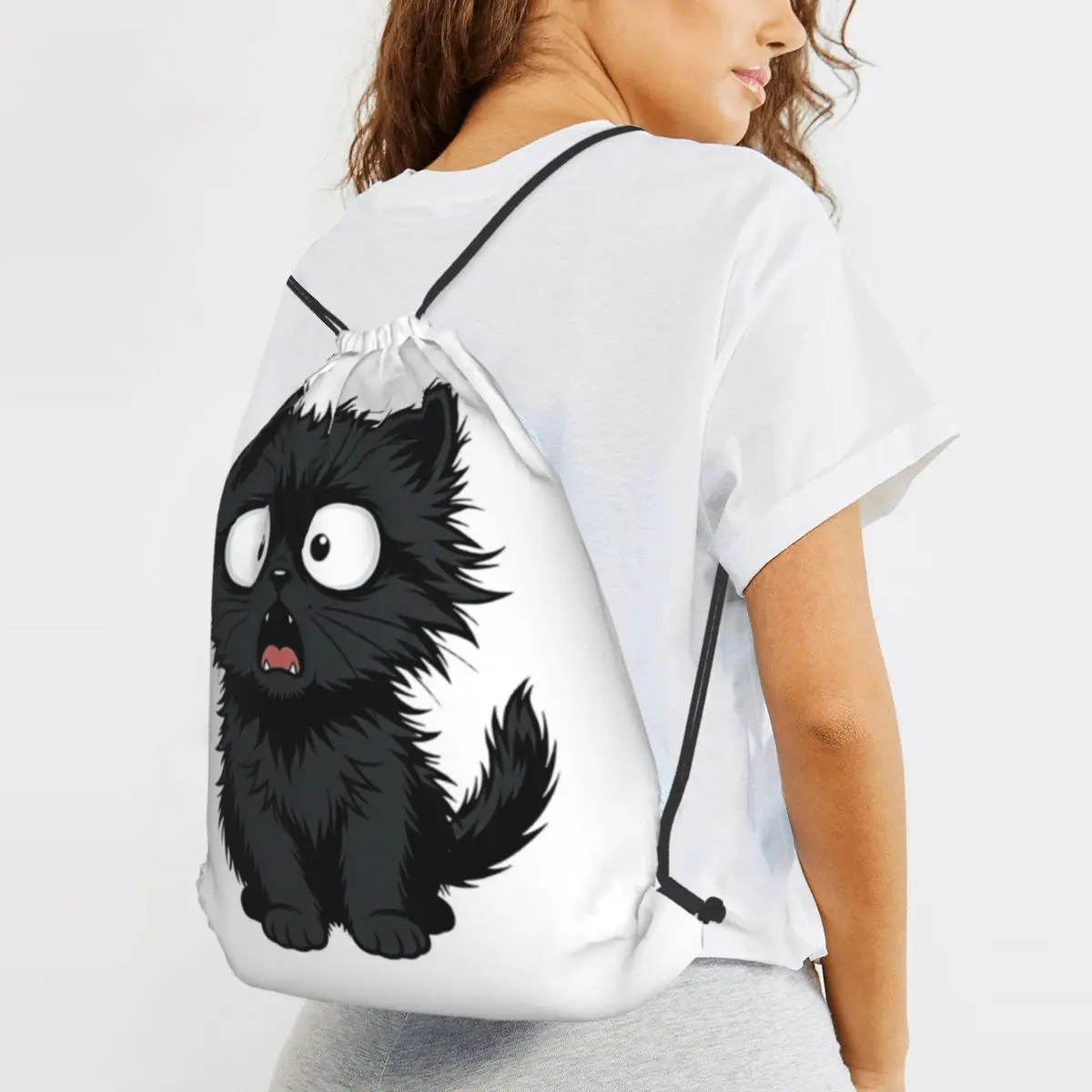 Small Unkempt Black Kitten Shocked Face Backpacks Multi-function Drawstring Bags Shoes Bag Book Bags for Travel School
