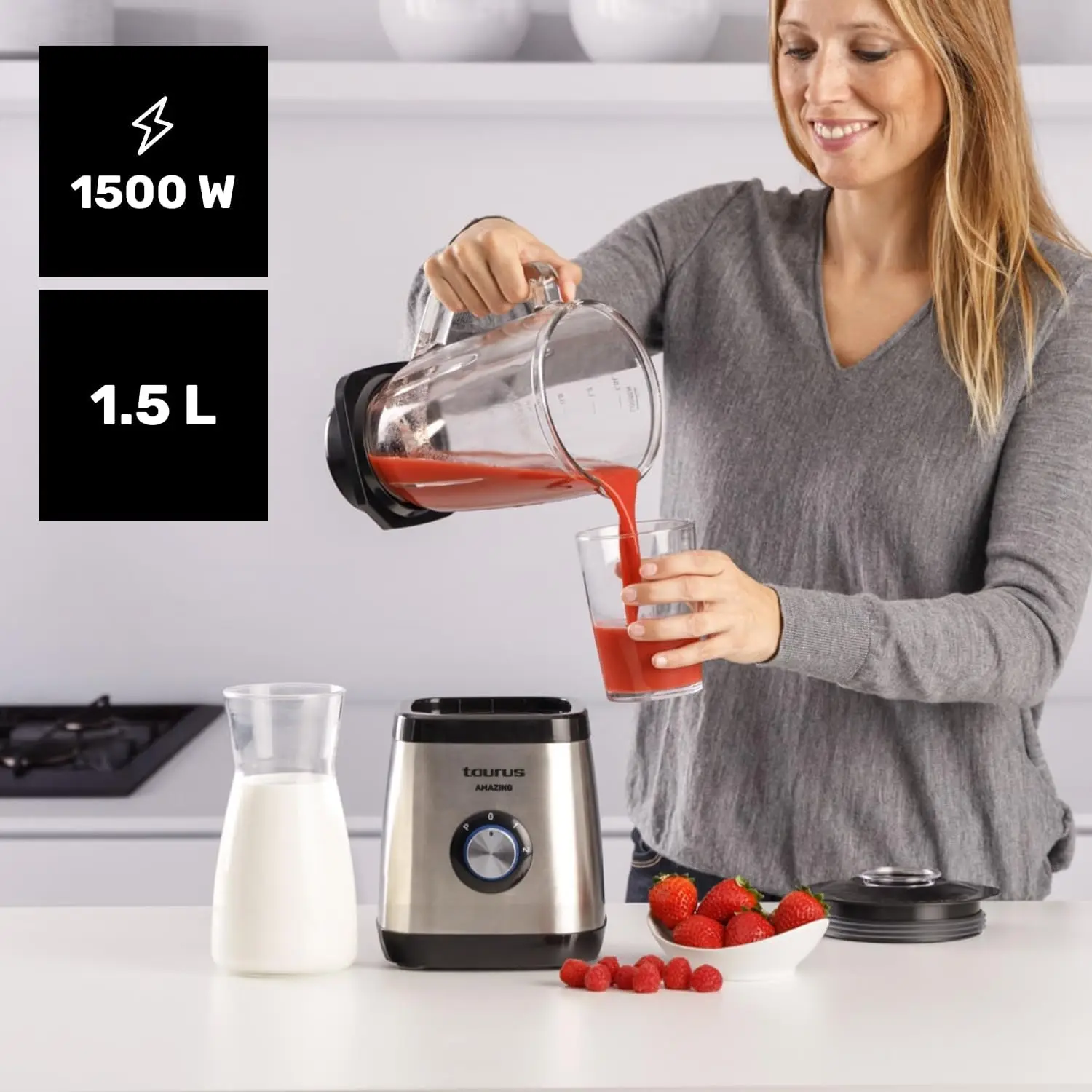 Aurus Amazing - Batidora de Vaso JB1502XC, 1500W, Jarra de Cristal de 1.5L, 2 Velocidades + Turbo, 4 Cuchillas de Acero Inoxidable, Picador de Hielo, S