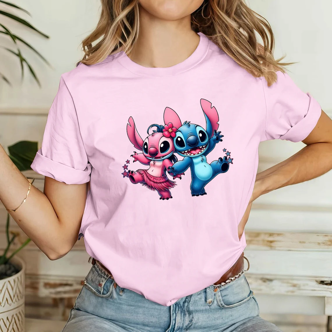

Disney Cute Cartoon Stich Women's Short Sleeve T-Shirt Comfortable Casual Party Pink Shirt