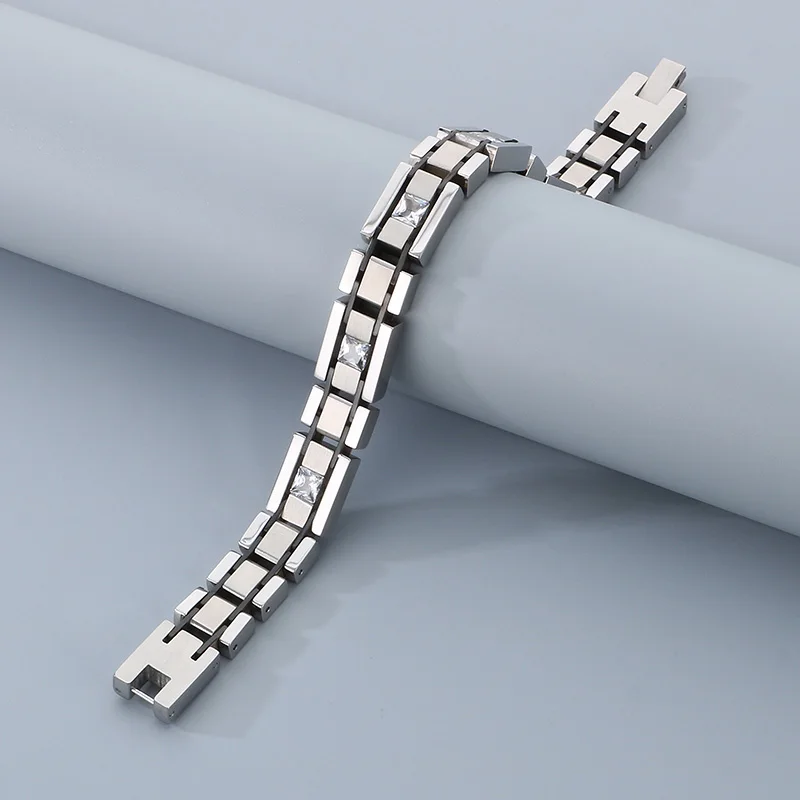 Personalized Square Rhinestone Bracelet for Men Hip Hop Golden Stainless Steel Strap Chain Accessories Simple Trend Jewelry Gift