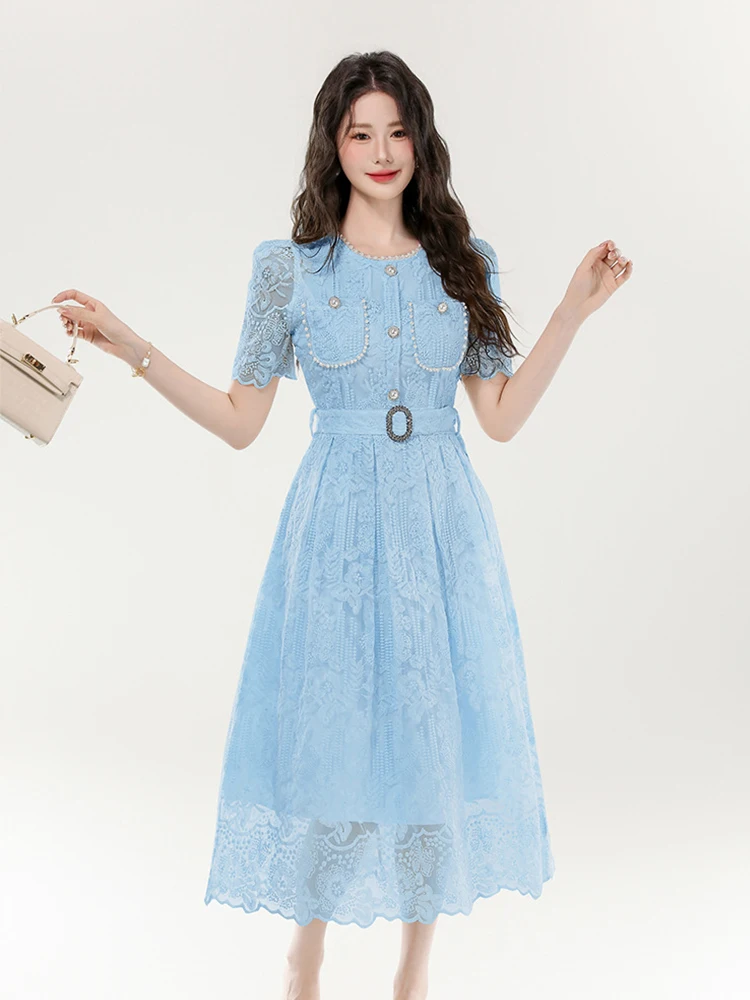 Ropa de mujer dulce encaje Floral transparente manga corta ajustado Midi A-Line vestido elegante moda Vestidos de fiesta bata Casual novedad de verano