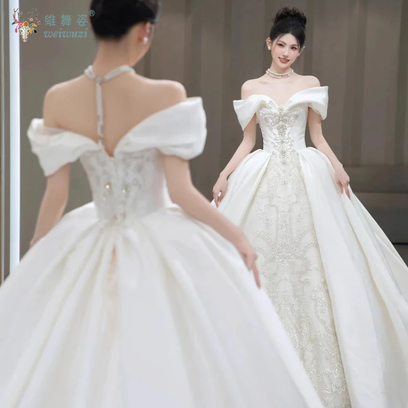 2025 신규 맞춤형 프랑스 스타일 고급 원단 레이스 럭셔리 오프숄더 임부복 웨딩드레스