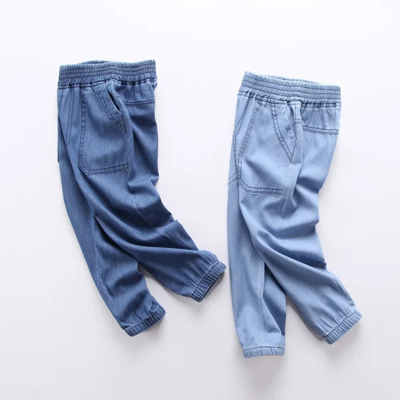 100% Cotton Comfortable Children\'s Jeans 2024 Spring New Boys And Girls Thin Elastic Waist Casual Loose Jeans Baby Pants