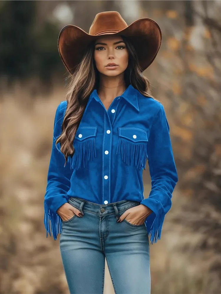 

Spring Outerwear Comfortable Casual Shirt Street Women's Suede Jacket with Tassel Short Style Pure Color Turn-down Collar Blouse