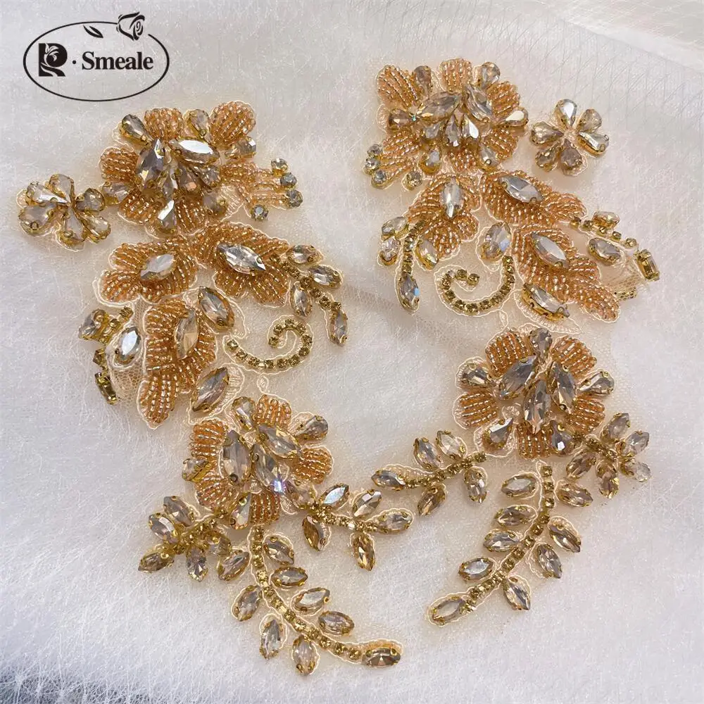 1 Paar handgenähte Glas-Bohrspiegelblumen, funkelnde Strassblumen für Mäntel, Taillenbänder, Schultern, Hochzeitskleider, DIY-Applikation RS4208 – Detail 5