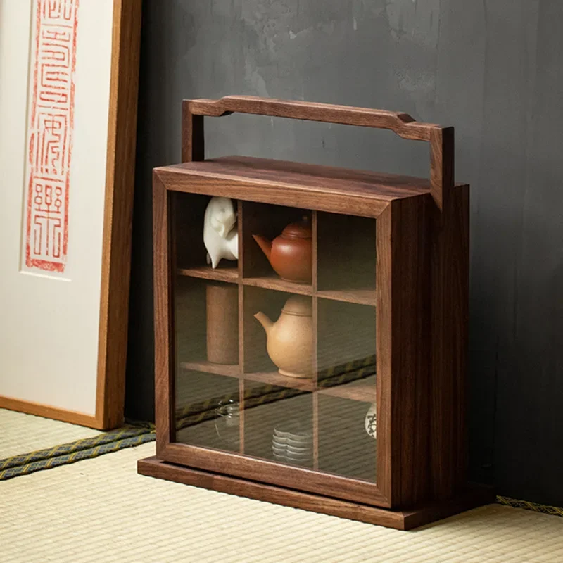 Black Walnut With Door Cup Holder Multi-treasure Cabinet Wood Storage Rack Home Small Bo Ancient Shlef Tea Set Display Rack