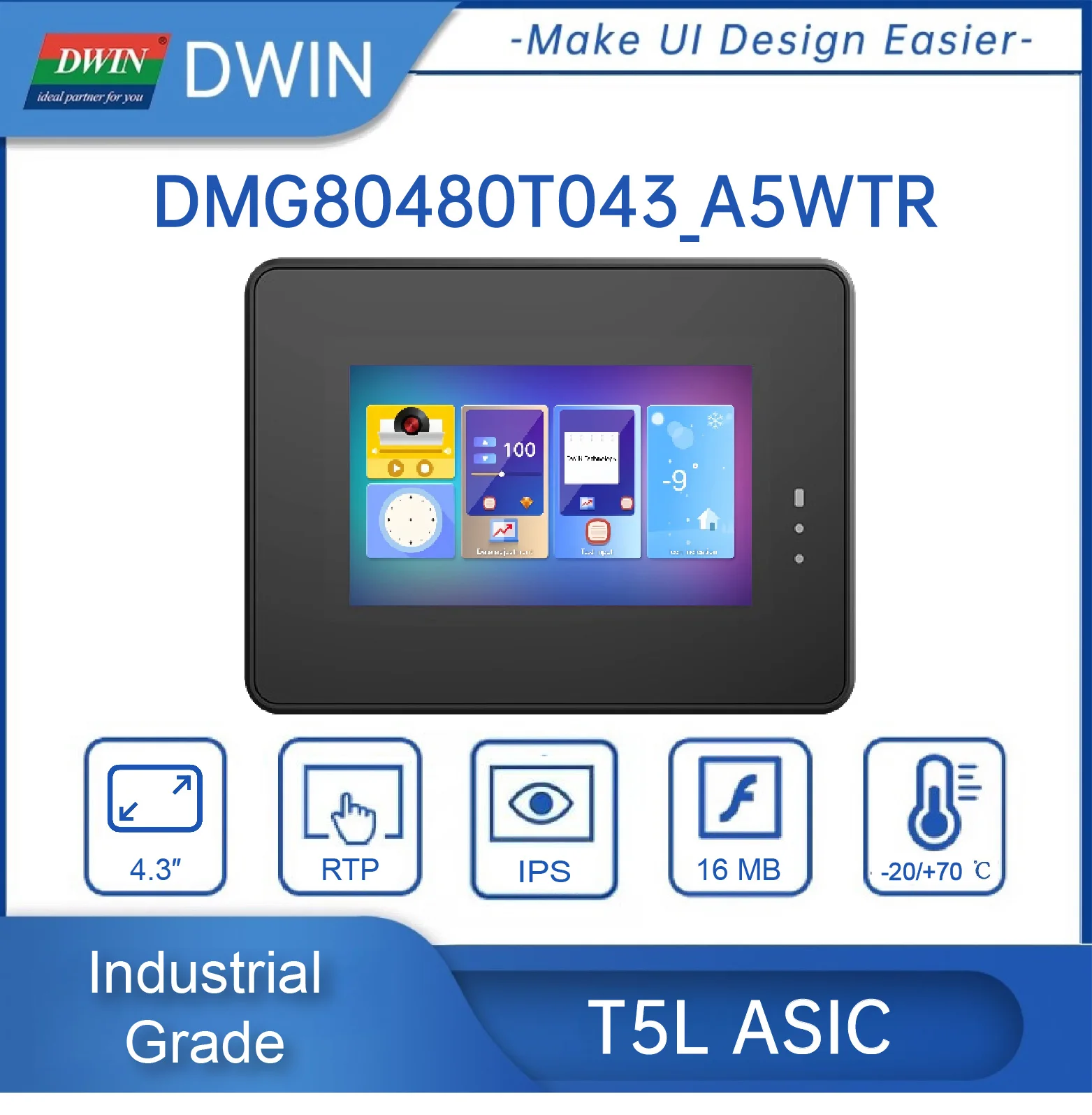 Imagem -02 - Módulos Capacitivos Resistivos do Lcd do Toque do ip 65 Hmi da Relação Rs485 da Categoria Industrial 4.3 Polegada de Dwin para Arduino Dmg80480t043-a5w