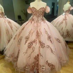 ANGELSBRIDEP Bling Rose Gold Sequined Ball Gown Quinceanera Dresses Girl 15 Year Old Birthday Party Gown Vestido De 15 Anos