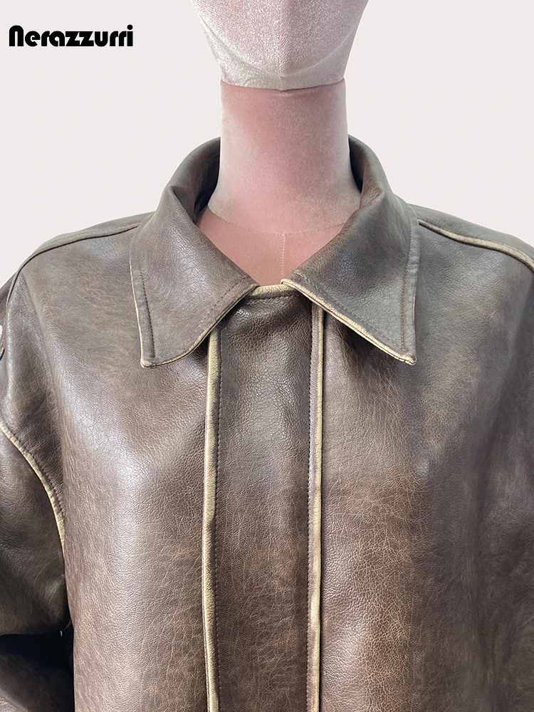 Nerazzurri-Veste en cuir PU marron pour femme, Streetwear vintage américain, Vêtements à fermeture éclair, Printemps, Automne, Cool Respzed, DistMurcia, 2024