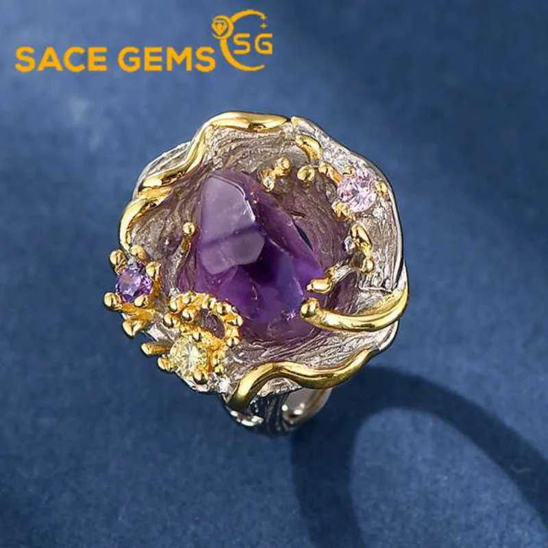 

SACE GEMS New Trend 925 Sterling Silver Raw 11*11MM Natual Amethyst Rings for Women Engagement Cocktail Party Fine Jewelr