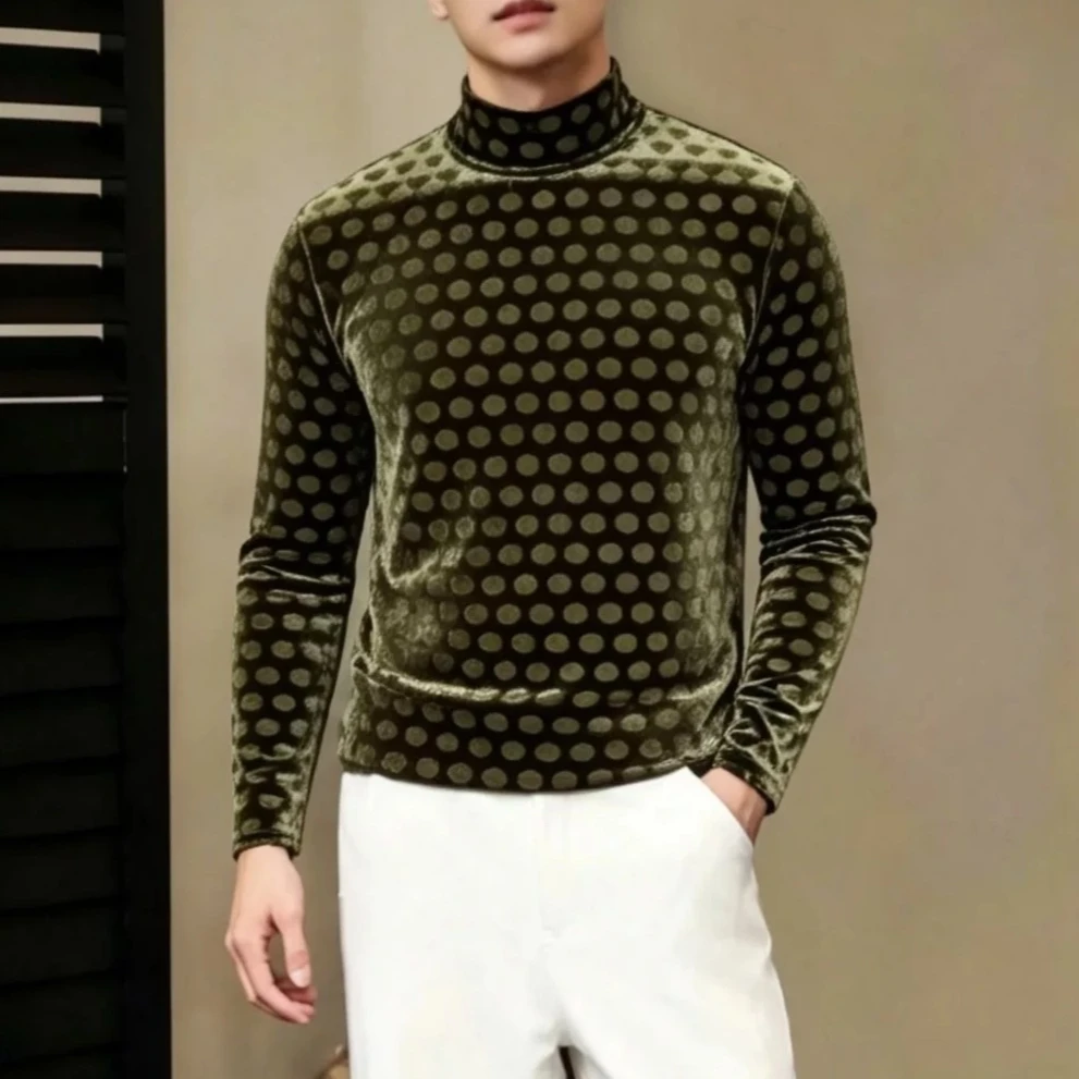 Autumn Winter High Neck Polka Dot Long Sleeved T-shirt Men's Velvet Slim Fit Casual T-shirt Social Commerce Base Shirts Tee Tops