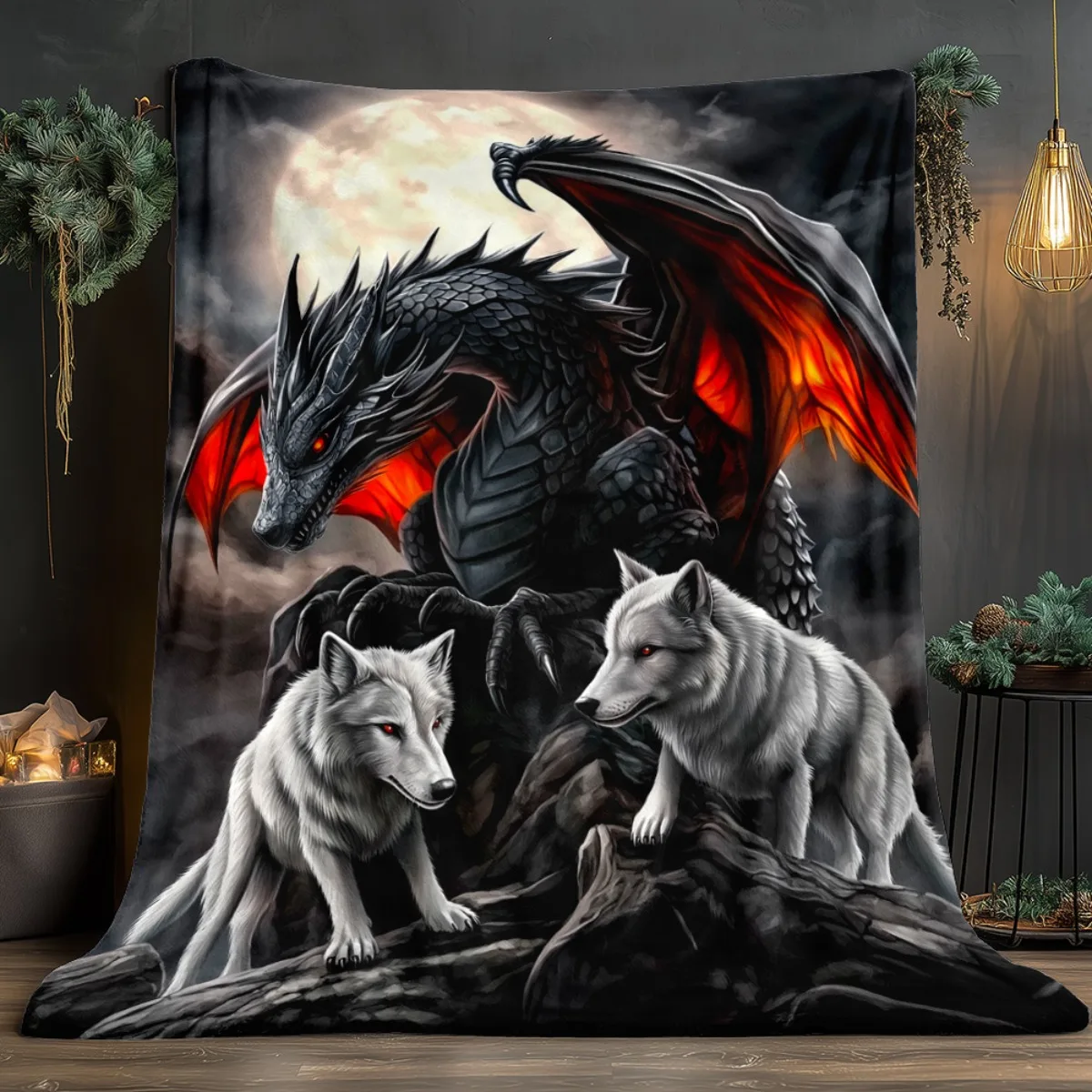 1pc HD Dragon and Wolves Printed Throw Blanket, Soft Warm Blanket for Travel, Camping, Sofa, Living Room, Armchair, Chair, Gift