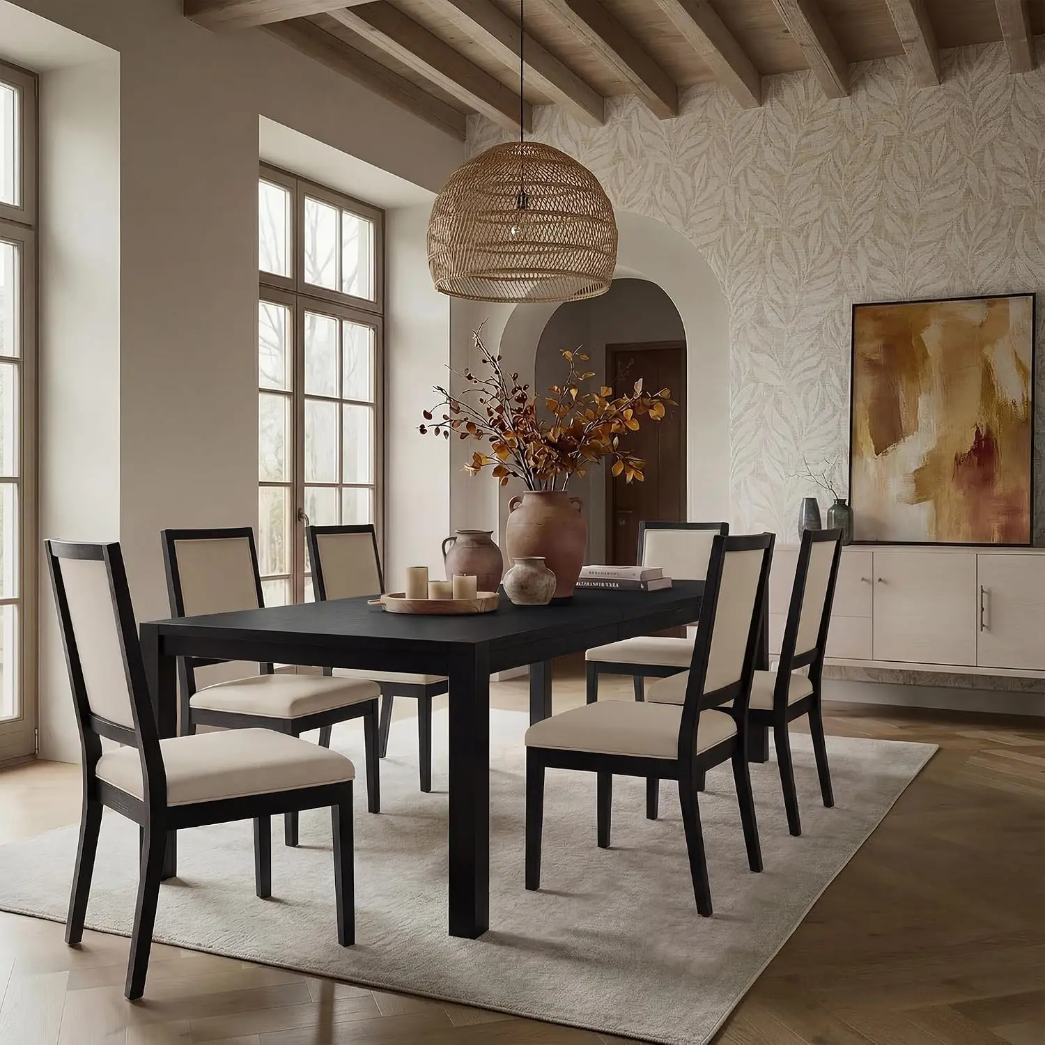60"-80" Expandable Dining Table Set for 6, Large 7-Piece Modern Wood Extension Table with Removable Leaf, Upholstered Chairs