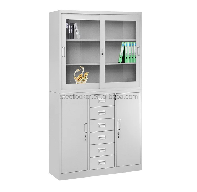 기능적인 현대식 사무실 캐비닛 유리 슬라이딩 도어 철제 파일 캐비닛 금속 사무실 파일 금속 보관 캐비닛 서랍 포함