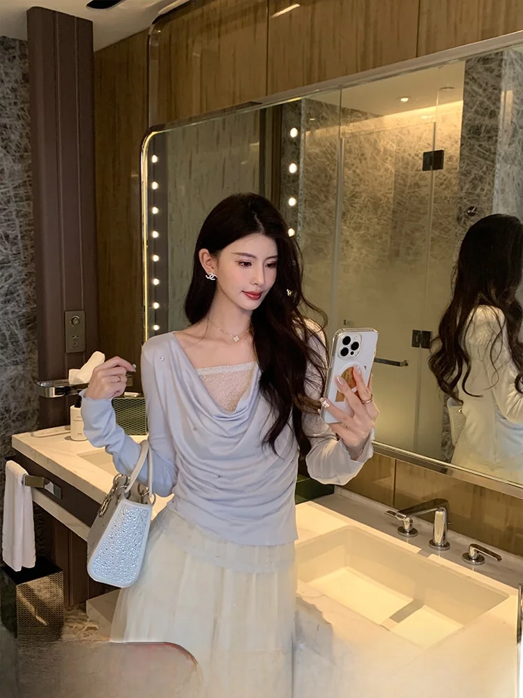 

Blue Long Sve Women's irt Karolann Early Spring Waist Cinched V Ne French Sle Slim Fit Rcelle Fabric Faion Top