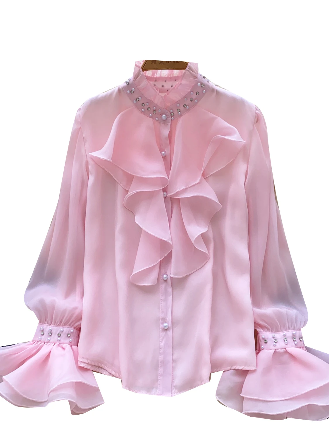 

Ele Heavy Embellied Diamond Bead Воротник-стойка Bell Sve Открытый кардиган irt Женский универсальный шикарный блузка с рюшами...