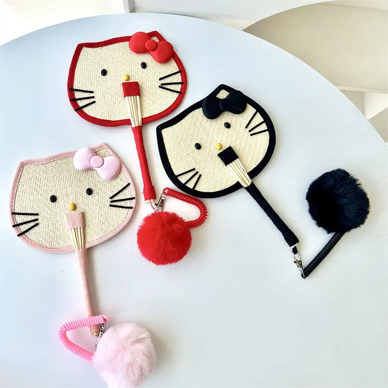 アニメかわいいハローキティわら織りヤシファン小麦わら手作りファンハローキティガールかわいい夏ファン漫画かわいいアクセサリー