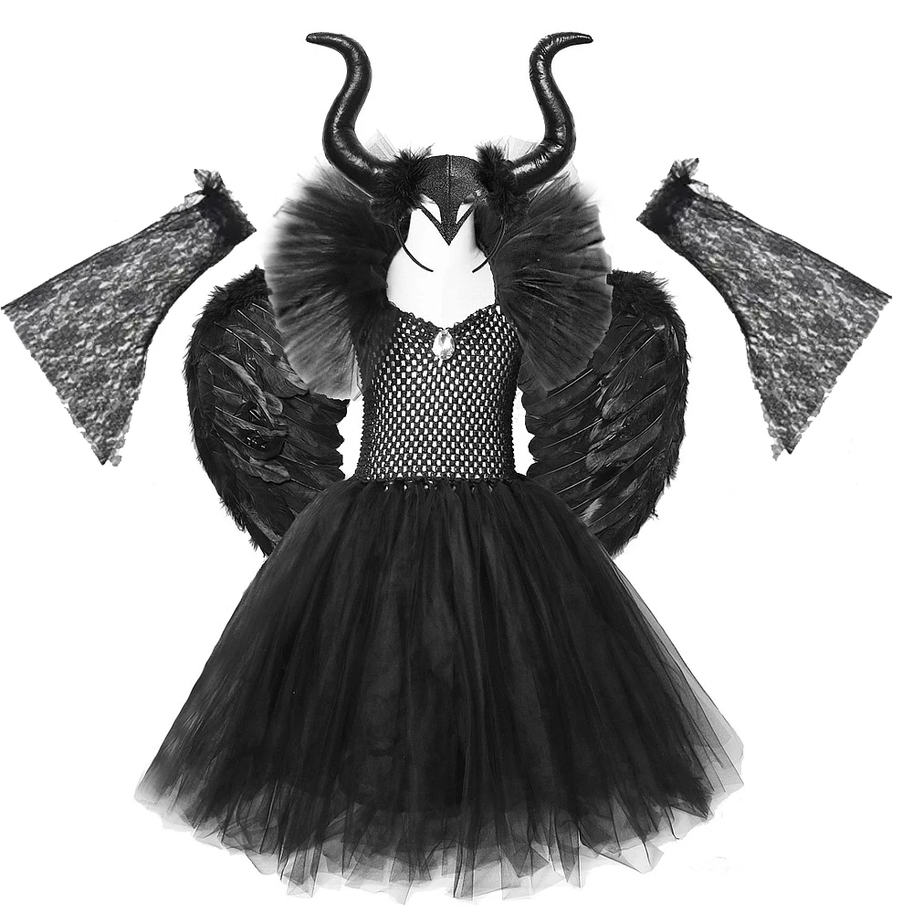 V-neck Black Witch Long Tutu Dress for Girls Dark Horned Fairy Halloween Costume Ankle Length Outfit with Feather Wings Horns
