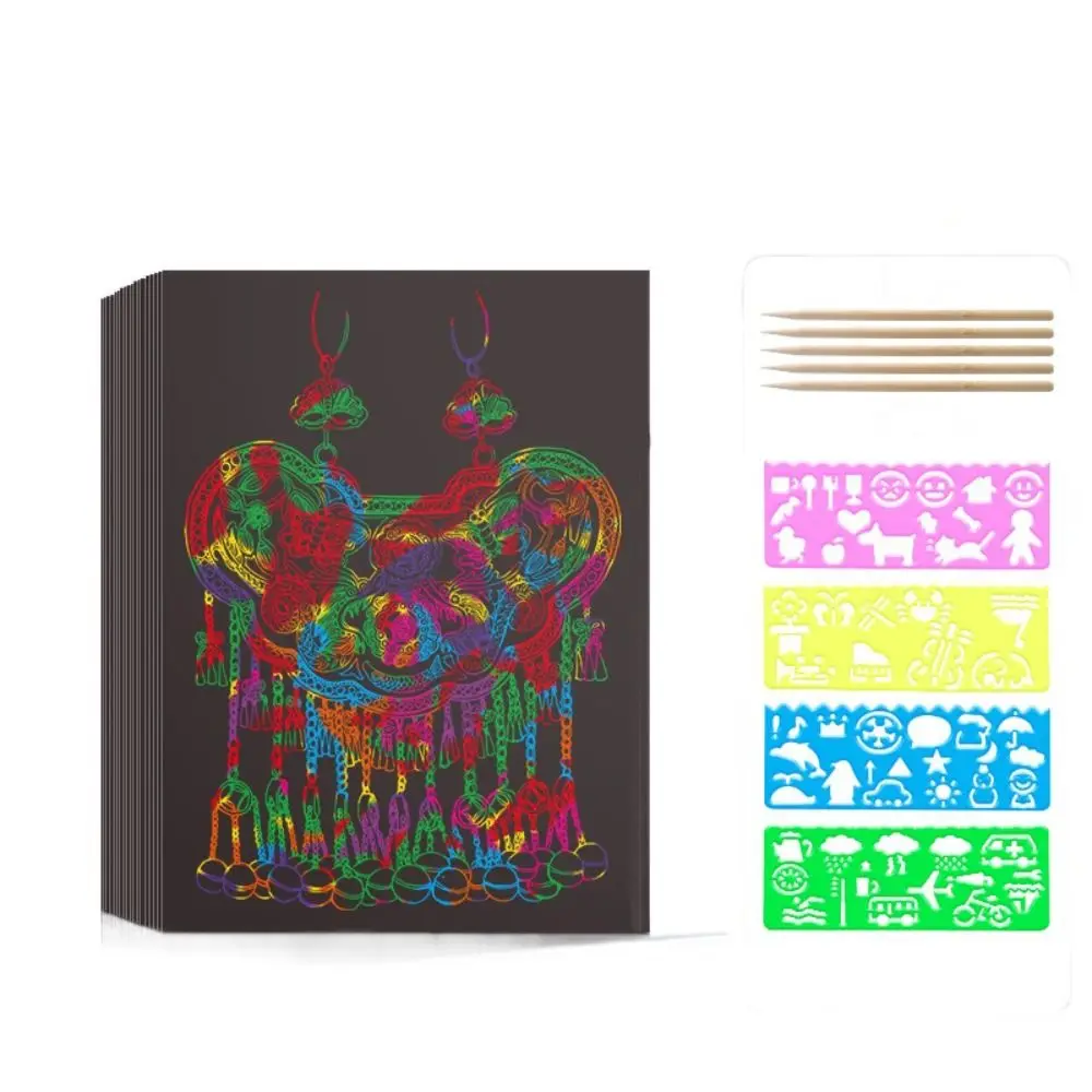 Rainbow Scratch Art Paper Card Set Colorful Graffiti Stencil Scratch Card Kit Doodle Educational Scratch Off Paper Book DIY