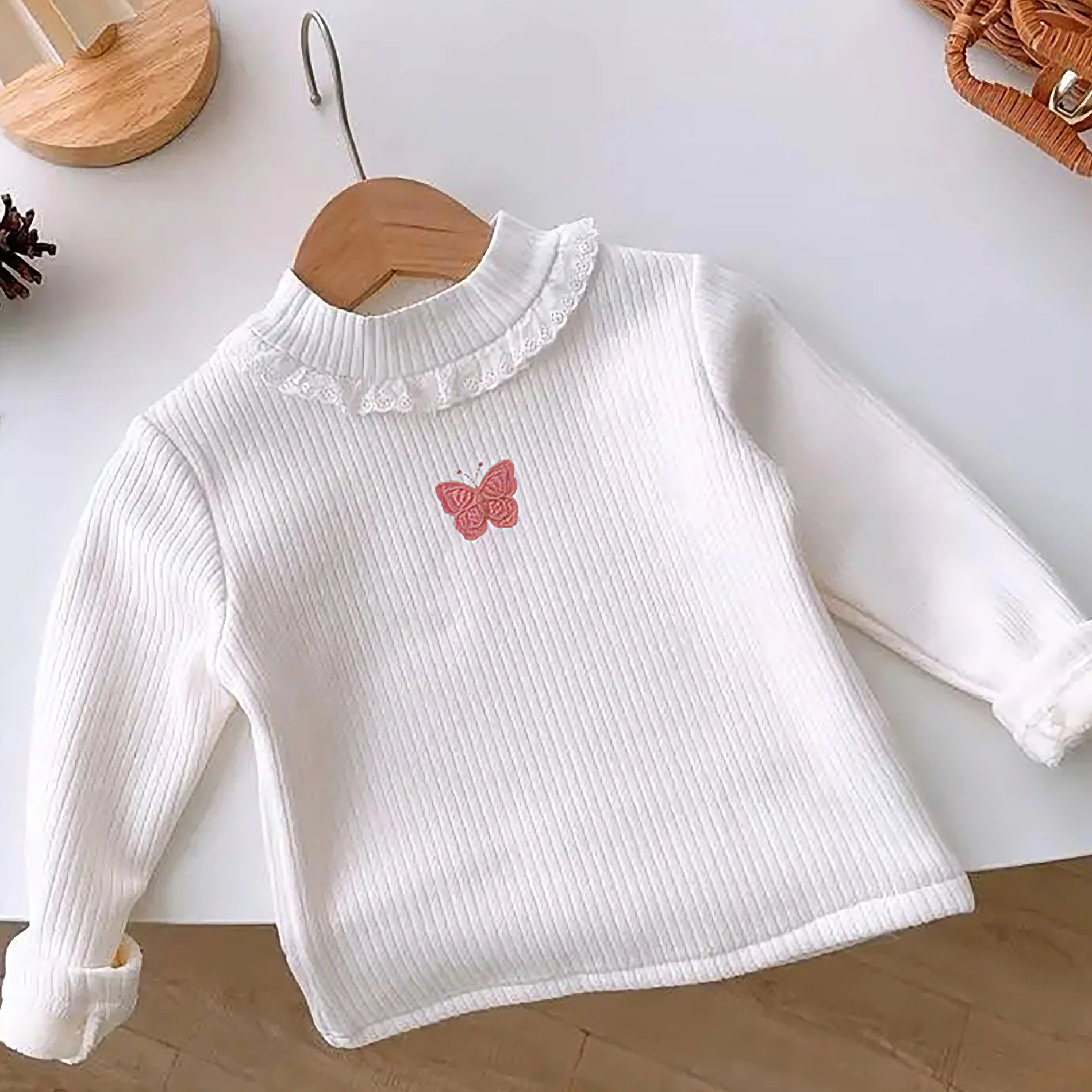 Mädchen Winter T-Shirts Fleece Gefüttert Warme Tops Langarm Schmetterling Applikationen Kinder Dicke T-shirts Herbst Kinder Kleidung